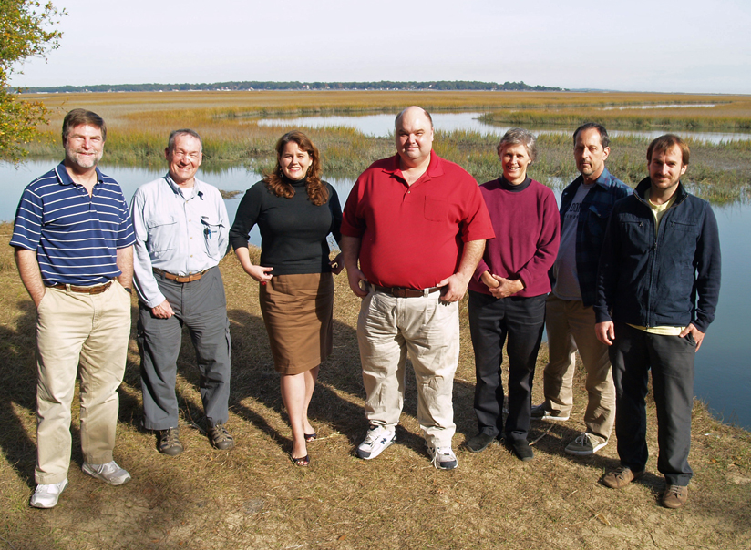 The research team at Groves Creek (l-r) Clark Alexander, Jack Blanton, Catherine Edwards, Jay Brandes, Dana Savidge, Bill Savidge, Aron Stubbins