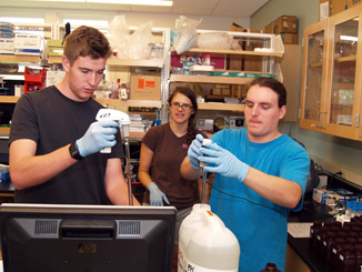 Megan Thompson supervises Dan Barrett (l) and John DeRosa, both UGA interns, as they process samples in a UGA Skidaway Institute laboratory.