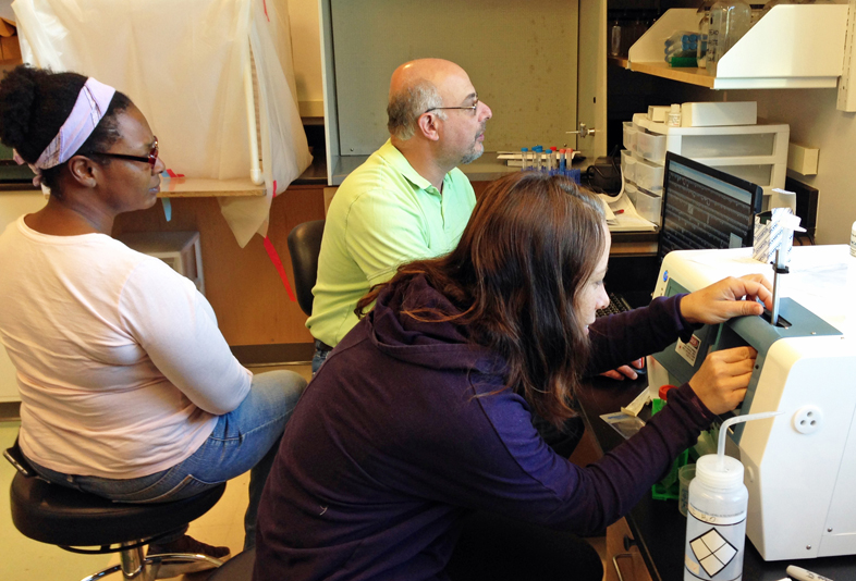 UGA Skidaway Institute researchers Tina Walters, Marc Frischer and Karrie Bulski practice running zooplankton samples on the FlowCam, a new instrument that is part of LIME.