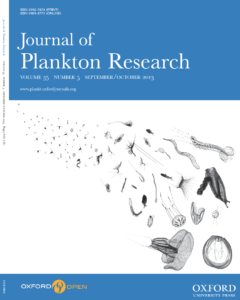 Cover of the Journal of Plankton Research featuring detailed black-and-white scientific illustrations of various plankton species on a white background, with journal title and publishing information in blue and white text.