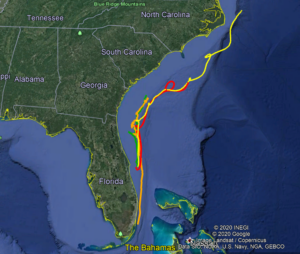 Map showing the southeastern United States coast with colored lines (yellow, red, green) tracing hurricane or storm paths from the Bahamas, through Florida, Georgia, and the Carolinas, out into the Atlantic Ocean.