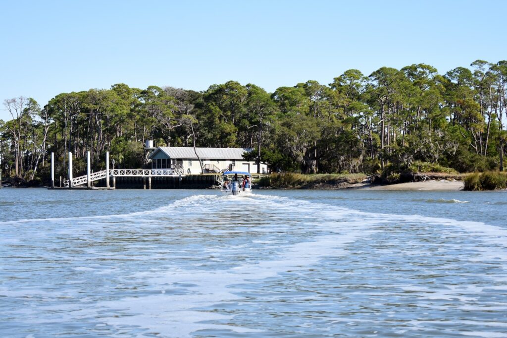 A SkIO skiff approaches the Wassaw National Wildlife Refuge dock. 