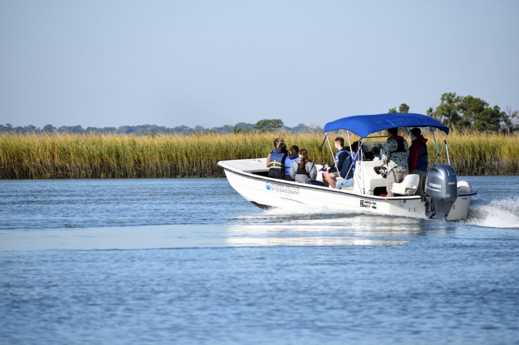 UGA Semester at Skidaway students approach Wassaw Island on a Skidaway Institute of Oceanography skiff.