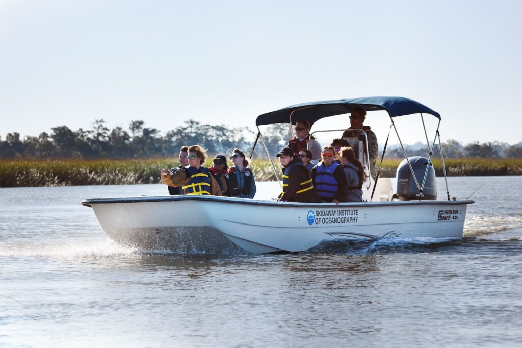 Students approach Wassaw Island in a UGA Skidaway Institute of Oceanography skiff.