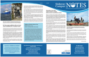 Newsletter page with articles, images of a research ship on water (left) and two people working near a drone on an airstrip (right), and blue headers for the Skidaway Campus NOTES, Fall 2015 edition.