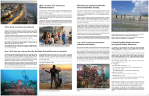 A newsletter page features aerial and underwater photos, students in classrooms, a diver underwater, and groups exploring beaches. Articles discuss Tybee Beach, student programs, reef assessments, ocean discovery, and September sea-related events.
