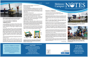 A newsletter titled Skidaway Campus Notes features articles, photos of scientists working with marine equipment, diagrams of plankton imaging systems, and institutional logos. The background is blue and white with multiple text columns.