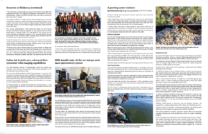 A two-page newsletter features articles with related photos, including students on an outdoor trip, researchers in labs, an oyster restoration site, and oyster farmers working in water. Columns of text and photo captions accompany each article.