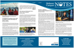 A newsletter titled Skidaway Campus Notes features articles, photos of researchers on a boat, an alumna by the ocean, and campus updates. It includes text columns, logos, event announcements, and research highlights.