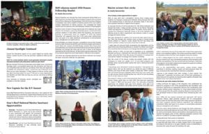A newsletter layout features articles, photos of people at science events, researchers working with marine equipment, children engaging in hands-on marine science activities, and an outdoor group discussion near a field.