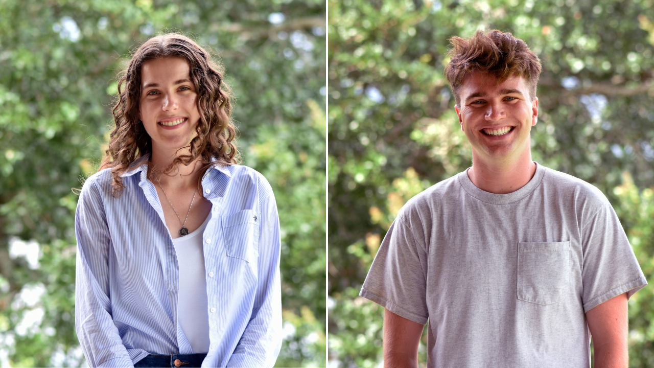 Side-by-side portraits of a woman with curly hair in a blue shirt and a man with short hair in a gray t-shirt, both smiling outdoors with green, leafy trees in the background.