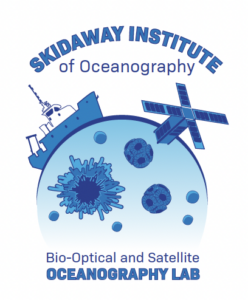 Logo for the Skidaway Institute of Oceanography featuring a research ship, a satellite, ocean microorganisms, and the text “Bio-Optical and Satellite Oceanography Lab.”.