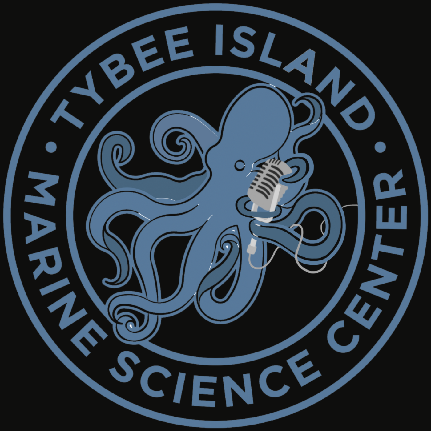 A circular logo with a blue octopus holding a microphone in its tentacles. The words “Tybee Island Marine Science Center” encircle the octopus.